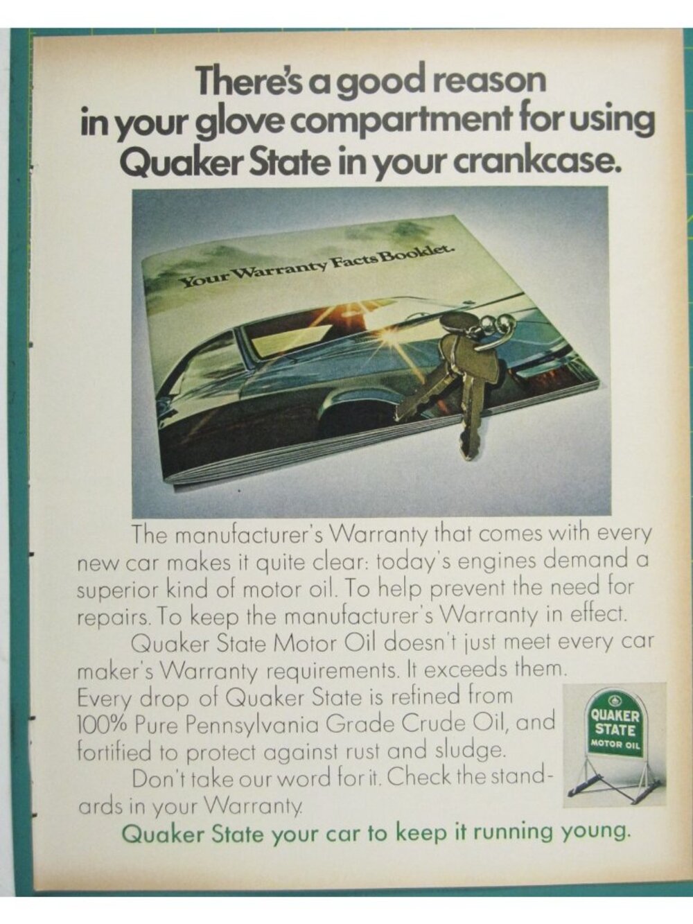 Print Ad Quaker State Motor Oil Pure Pennsylvania Grade Crude Oil 1960s Vintage
